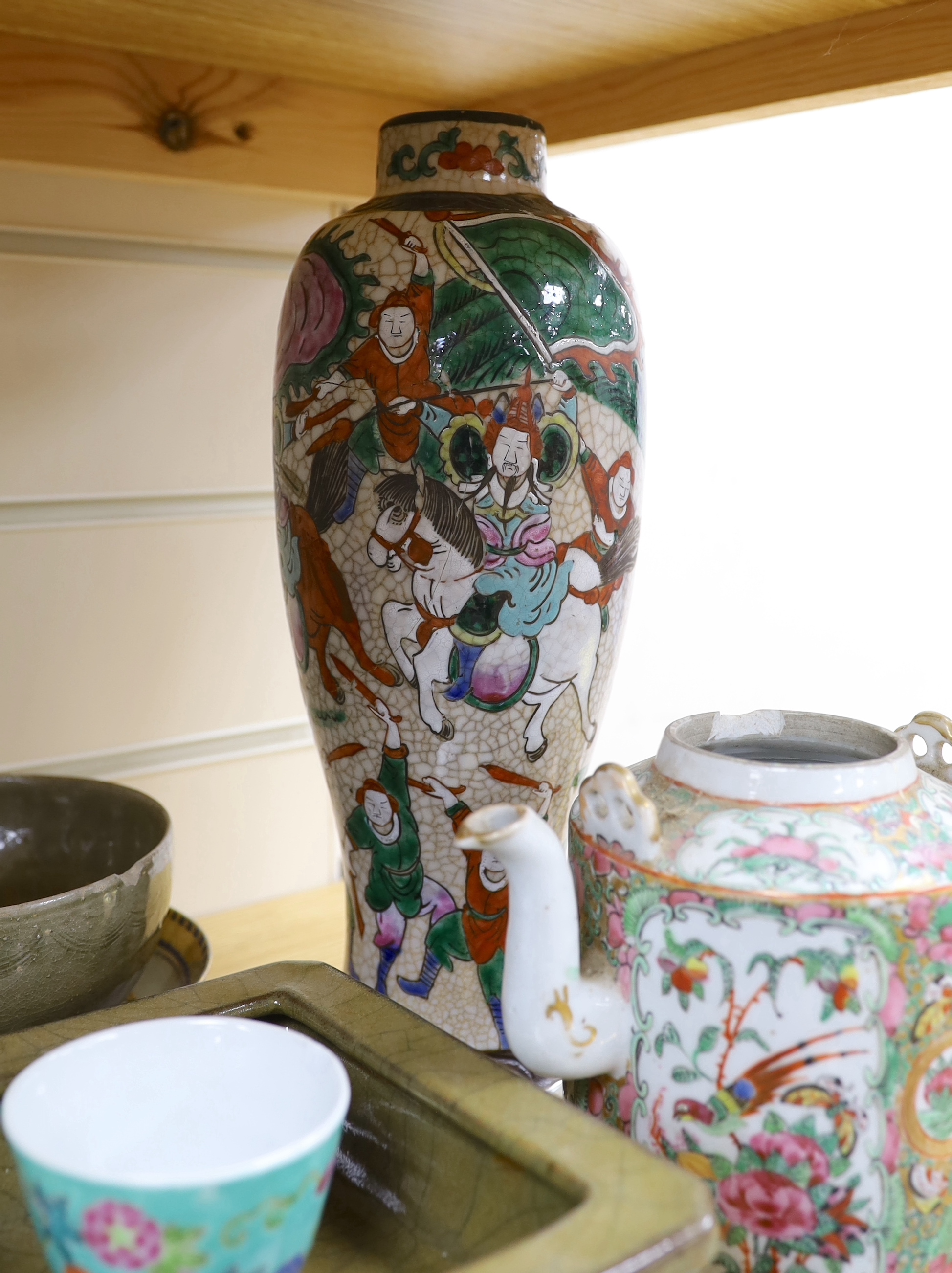A collection of Chinese hardwood stands and a soapstone example, largest 29cm wide